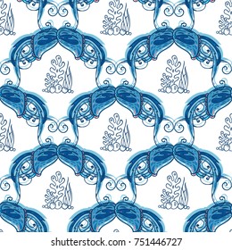 Vector seamless pattern. Ocean jellyfishes (medusa) with wave tentacles, seaweeds, water bubbles. Perfect for background, wallpaper, texture, paper, textile, cotton fabric and more