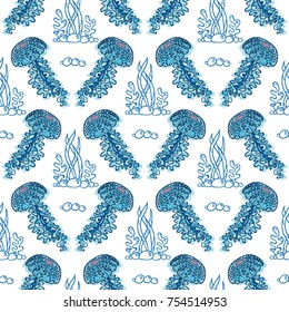Vector seamless pattern. Ocean jellyfishes (medusa) with wave tentacles, seaweeds, water bubbles. Perfect for background, wallpaper, texture, paper, textile, cotton fabric and more
