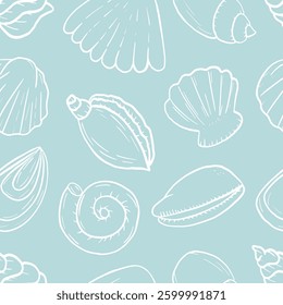 Vector seamless pattern of ocean seashells in soft blues, beige, and pearlescent tones, elegant and airy.
