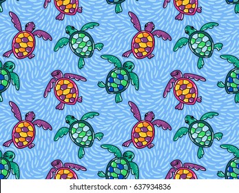 Vector seamless pattern with  ocean turtles. Blue ethnic hand drawn fabric design.