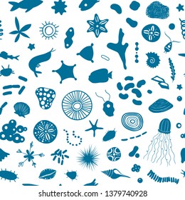 Vector seamless pattern with oceanic plankton and microorganisms on white background. 