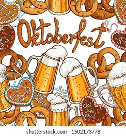 Vector seamless pattern in October fest design. Mugs of beer, pretzels, nurnberg gingerbread witth wprds "octoberfest" , "i love you" , " hello from octoberfest" 