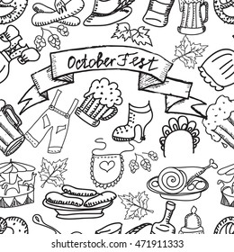 Vector seamless pattern. Octoberfest beer festival. Hand drawn illustration. Sketches of German food and beer symbols. Monochrome outlines.