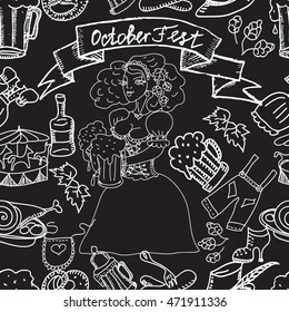 Vector seamless pattern. Octoberfest beer festival. Hand drawn illustration. Sketches of German food and beer symbols. Monochrome outlines.