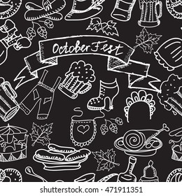 Vector seamless pattern. Octoberfest beer festival. Hand drawn illustration. Sketches of German food and beer symbols. Monochrome outlines.