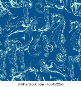 Vector seamless pattern with Octopus, sea horse and shrimp. Hand drawn illustration in vintage style for fabric, wrapping, background and other marine design. 