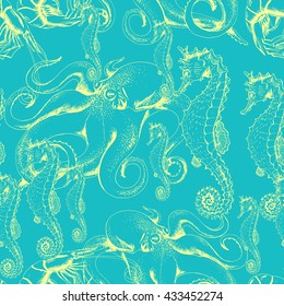 Vector seamless pattern with Octopus, sea horse and shrimp. Hand drawn illustration in vintage style for fabric, wrapping, background and other sea design. 