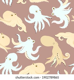 Vector seamless pattern with octopuses in hand-drawn style . Beautiful seamless pattern. Vector  print for fabric or wallpaper.