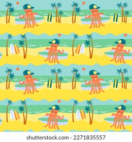 Vector seamless pattern with octopuses with surfboards on a beach with palms. Summer background, swimwear print for kids fashion