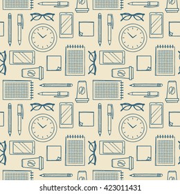 Vector Seamless Pattern With Office Supplies. Office Stuff Collection Set Background. Glasses, Notebook, Pen, Pencil, Coffee, Clock And Smartphone.  Flatlay Outlines.