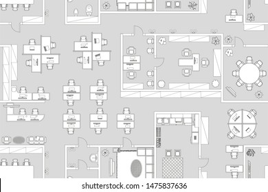 Vector seamless pattern. Office. Top view.
Working space. 
Office room, meeting room, reception, restroom, office furniture, cabinets, desks, chairs, computers. View from above.