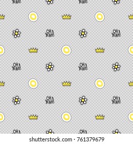 Vector seamless pattern with oh yeah phrase, yellow polka dot, king crown, camomile flower. Hand drawn cute and funny fashion illustration patches or stickers kit.