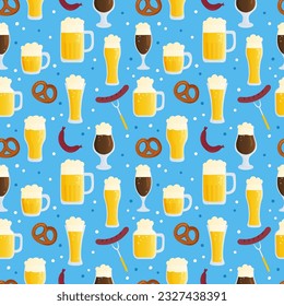 Vector seamless pattern for Oktoberfest. Autumn beer festival illustration. Beer mugs on blue background with traditional colors flags. Backdrop for wallpaper, print, textile, fabric, wrapping.