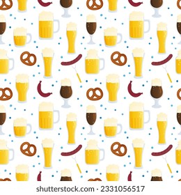 Vector seamless pattern for Oktoberfest. Autumn beer festival illustration. Beer mugs on white background with traditional colors flags. Backdrop for wallpaper, print, textile, fabric, wrapping