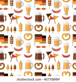 Vector seamless pattern for Oktoberfest in flat style. Traditional background for autumn festival. Pattern with glasses of beer, appetizers, autumn leaves and pretzels.