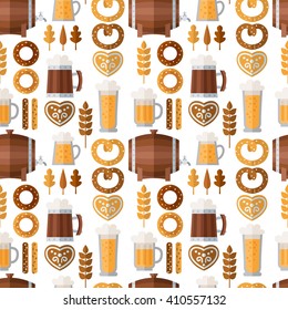 Vector seamless pattern for Oktoberfest in flat style. Traditional background for autumn festival. Vector pattern for Oktoberfest. Pattern with food and drink for the festival.