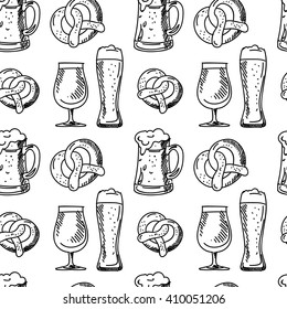 Vector seamless pattern for Oktoberfest in hand-drawn style. Hand-drawn background for autumn festival. Pattern with glasses of beer, appetizers and pretzels.