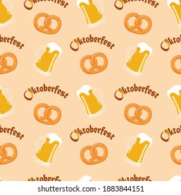  Vector seamless pattern of oktoberfest  lettering, pretzels and beer mugs