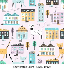 Vector seamless pattern with old buildings and cute cats. Good for kids fabric, textile, nursery wallpaper. Seamless city landscape. Funny cats walk around the city. Kids pattern.