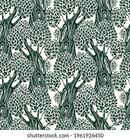 Vector seamless pattern with old deciduous trees. Stylized trees with hollows on thick trunks and detailed lush foliage. Black and white repeating background with forest plants in a flat cartoon style