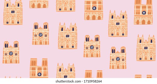 Vector seamless pattern with old eauropean architecture - gothic cathedrals notre dame in France. Pattern with old french churches. Urban sketches with old buildings. Parisian landmarks vector art 