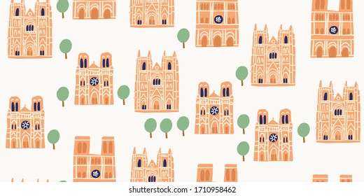 Vector seamless pattern with old eauropean architecture - gothic cathedrals notre dame in France. Pattern with old french churches. Urban sketches with old buildings. Parisian landmarks vector art 