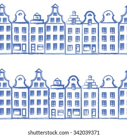 Vector seamless pattern with old european hand drawn houses, Building sketchy line art  isolated on white background, designed texture, decorative wallpaper, vector scandinavian ornament for gift box
