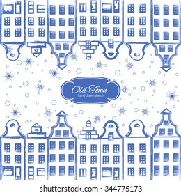 Vector seamless pattern, old european hand drawn house, snowflake, Building sketchy line art isolated on white background, designed texture, decorative wallpaper, scandinavian ornament for gift box