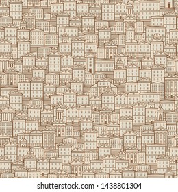 Vector seamless pattern with old hand drawn houses in retro style. Cityscape background, can be used as wallpaper, wrapping paper, textile, fabric