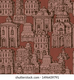 Vector seamless pattern with old hand drawn houses in retro style. Cityscape background with old style building facades and fountains, can be used as wallpaper, wrapping paper, textile, fabric