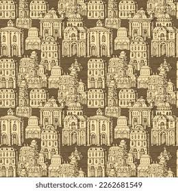Vector seamless pattern with old hand drawn houses in retro style. Cityscape background with old style building facades and fountains, can be used as wallpaper, wrapping paper, textile, fabric