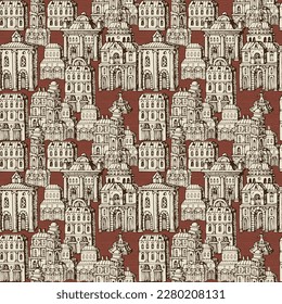 Vector seamless pattern with old hand drawn houses in retro style. Cityscape background with old style building facades and fountains, can be used as wallpaper, wrapping paper, textile, fabric