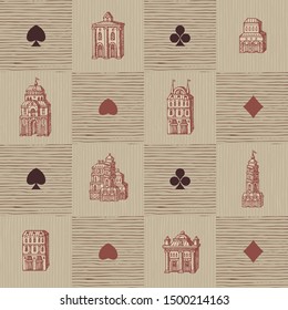 Vector seamless pattern with old hand-drawn houses in retro style. Repeatable background with old style buildings and signs of card suits. Suitable for Wallpaper, wrapping paper, textile, fabric