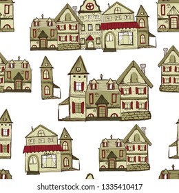 Vector Seamless Pattern With Old Houses. Medival Village Background