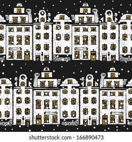 vector seamless pattern with old houses and snowflakes