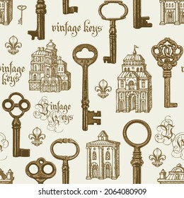 Vector seamless pattern with old keys, hand-drawn buildings and gothic inscriptions on a light backdrop. Monochrome background in vintage style. Suitable for wallpaper, wrapping paper or fabric design