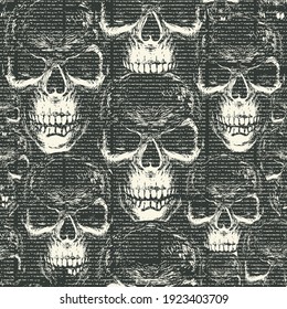Vector seamless pattern with with old magazine or newspaper columns on a black backdrop with ominous human skulls in retro style. Suitable for wallpaper, wrapping paper, textiles, fabric, background
