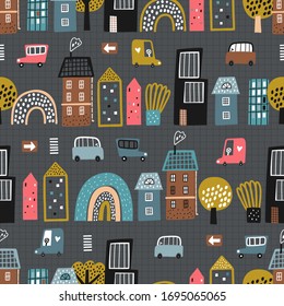 Vector seamless pattern with old and modern buildings, cars and trees on a dark gray background. Good for kids fabric, textile, nursery wallpaper. Seamless city landscape. Night city.