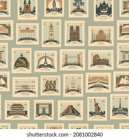 Vector seamless pattern with old postage stamps with sights from different countries. Repeating background in retro style on a travel theme. Suitable for wallpaper, wrapping paper or fabric design