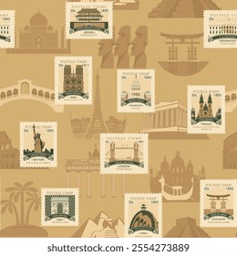 Vector seamless pattern with old postage stamps with sights from different countries. Repeating background in retro style on a travel theme. Suitable for wallpaper, wrapping paper or fabric design