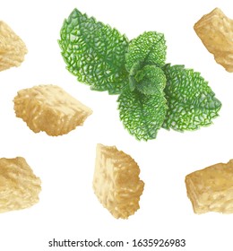 Vector seamless pattern of old ripe Parmesan cheese cube piece and peppermint. Hand Drawn, realistic, a bit wet, shiny, appetizing, good flavor, perfect taste! Ingredient for everyday meal, celebrate