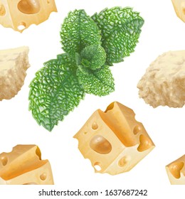 Vector seamless pattern of old ripe Parmesan cheese, Maasdam cubes, sprig of mint. Hand Drawn, realistic, a bit wet, shiny, appetizing, good flavor, perfect taste! Ingredient for an everyday meal, cel