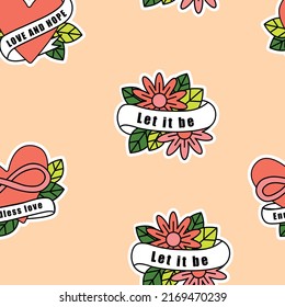 Vector seamless pattern with old school icons. Heart and flowers with inscriptions. Motivation.