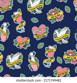 Vector seamless pattern with old school drawings. Hearts, a dove, a glass, a bottle and flowers in ribbons with inscriptions. Heart with the sign of infinity. Printing to print on fabric and paper.