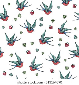 Vector seamless pattern with old school tattoos. Swallows, heart lock, diamond.