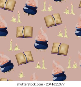 Vector seamless pattern with old spell book, magic cauldron with potion, candles isolated on pink background. Cartoon elements for witchcraft.