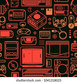 Vector seamless pattern with oldschool gaming objects. Color schematic lines.