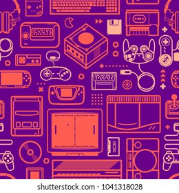 Vector seamless pattern with oldschool gaming objects. Color schematic lines.