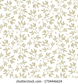 Vector seamless pattern. Olive branch and leaves on a white background. Floral ornament, natural textures, herbs and plants. Abstract simple background in vintage style. Textiles, wrapping paper.