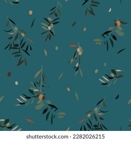 Vector seamless pattern with olive branches on a teal background